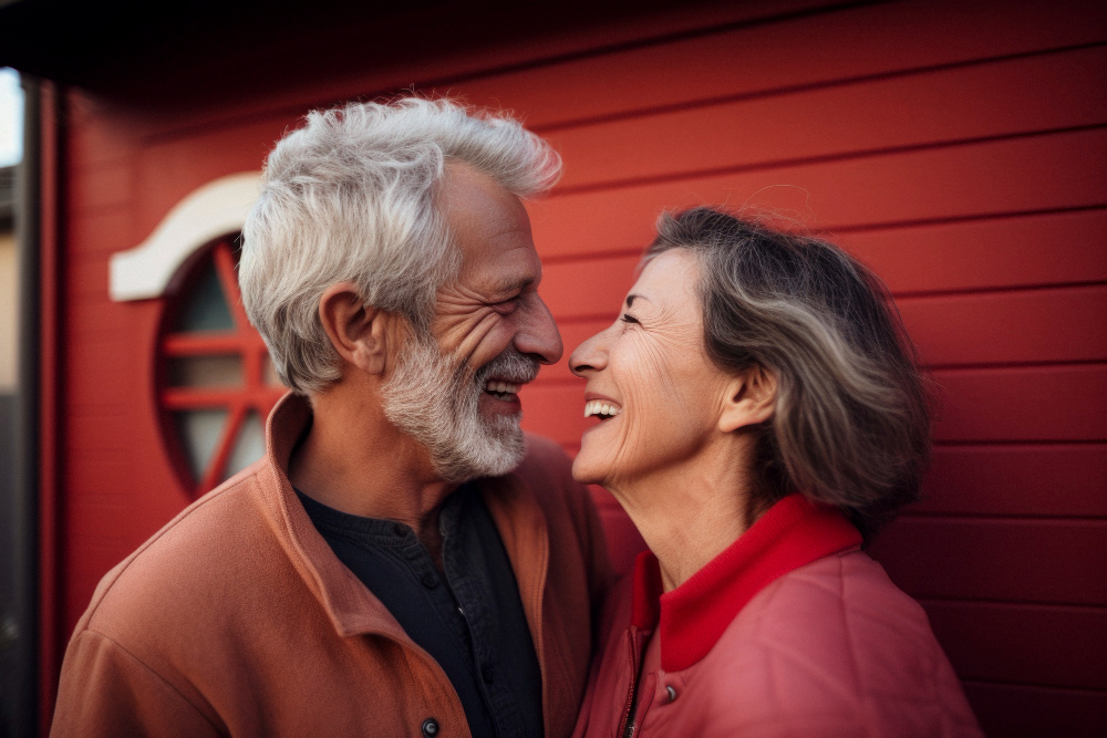Um casal grisalho se olhando e sorrindo. A imagem representa o app Finally: bate-papo sênior.